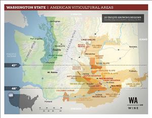 Map of the state of Washington with the 46th and 47th longitudinal lines and 20 unique growing regions for wines highlighted in different shades of brown across the central and southern areas of the state